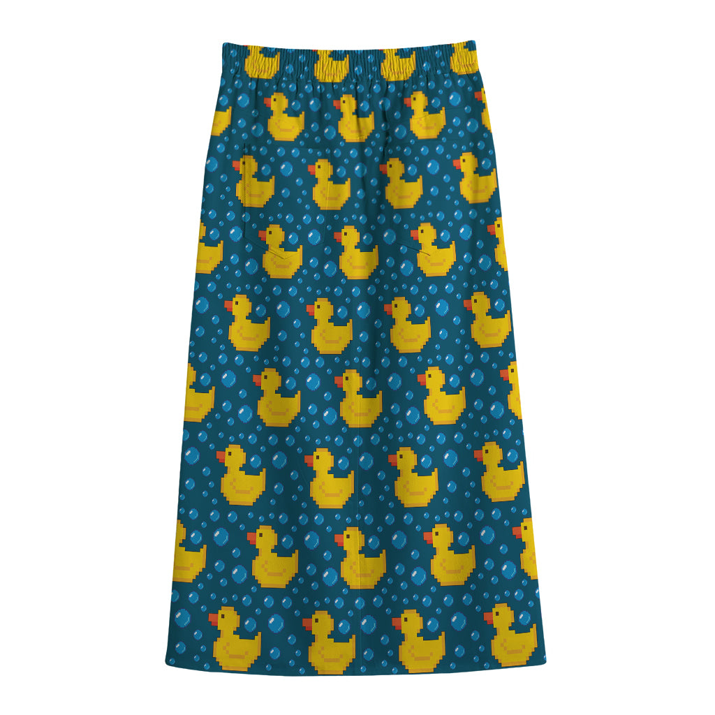 Pixel Rubber Duck Pattern Print Cotton Front Slit Maxi Skirt