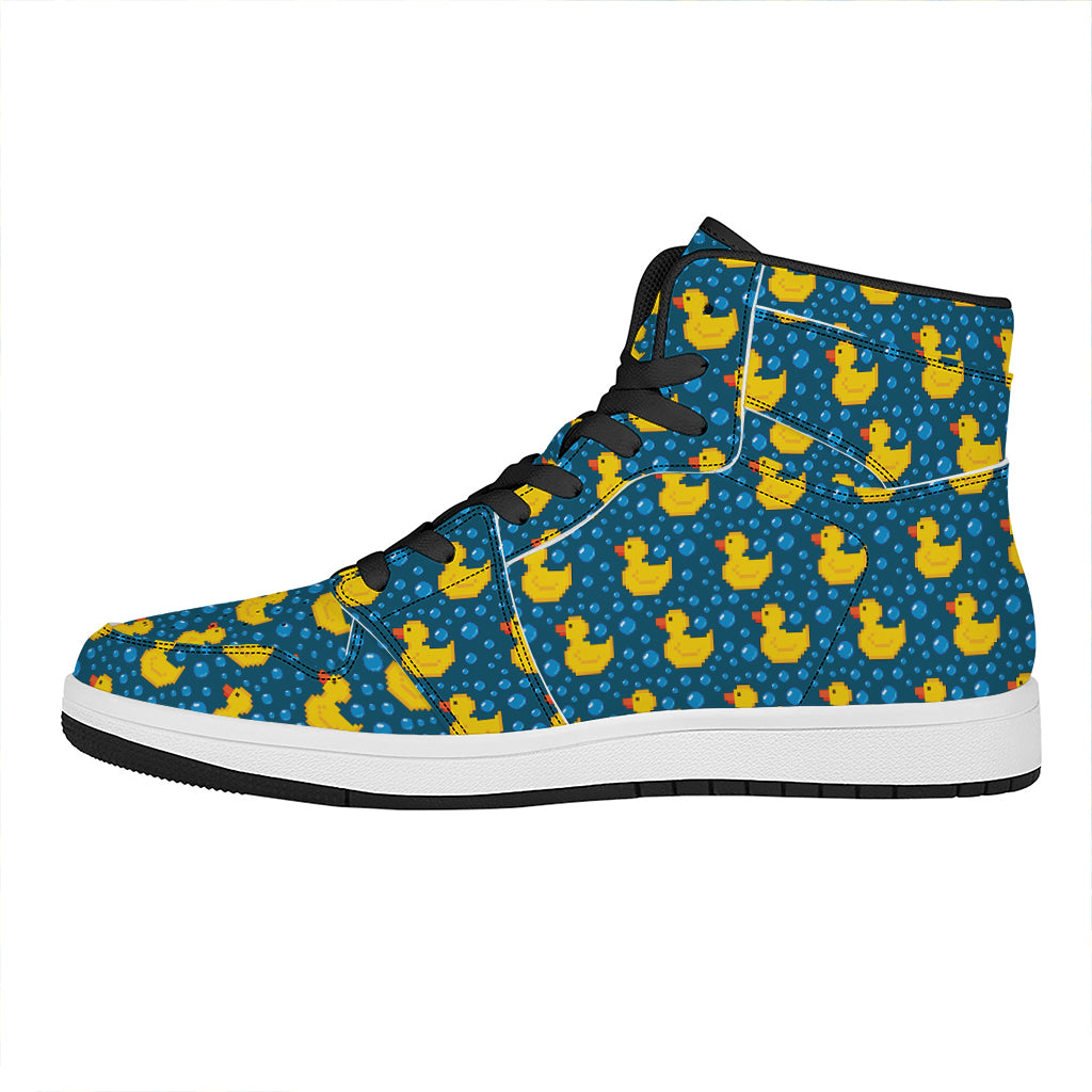 Pixel Rubber Duck Pattern Print High Top Leather Sneakers