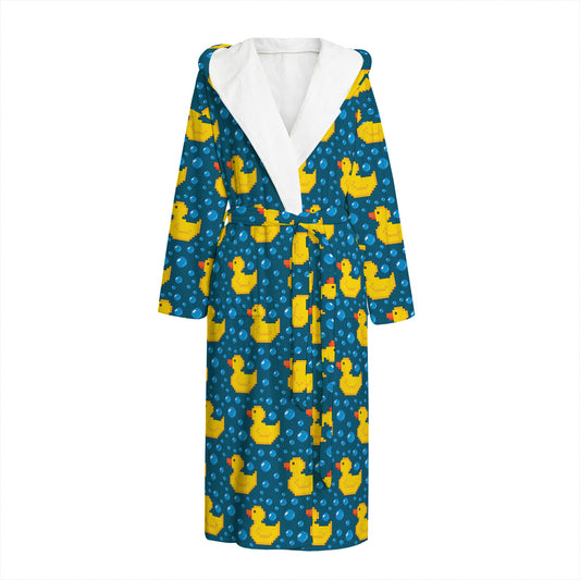 Pixel Rubber Duck Pattern Print Hooded Bathrobe