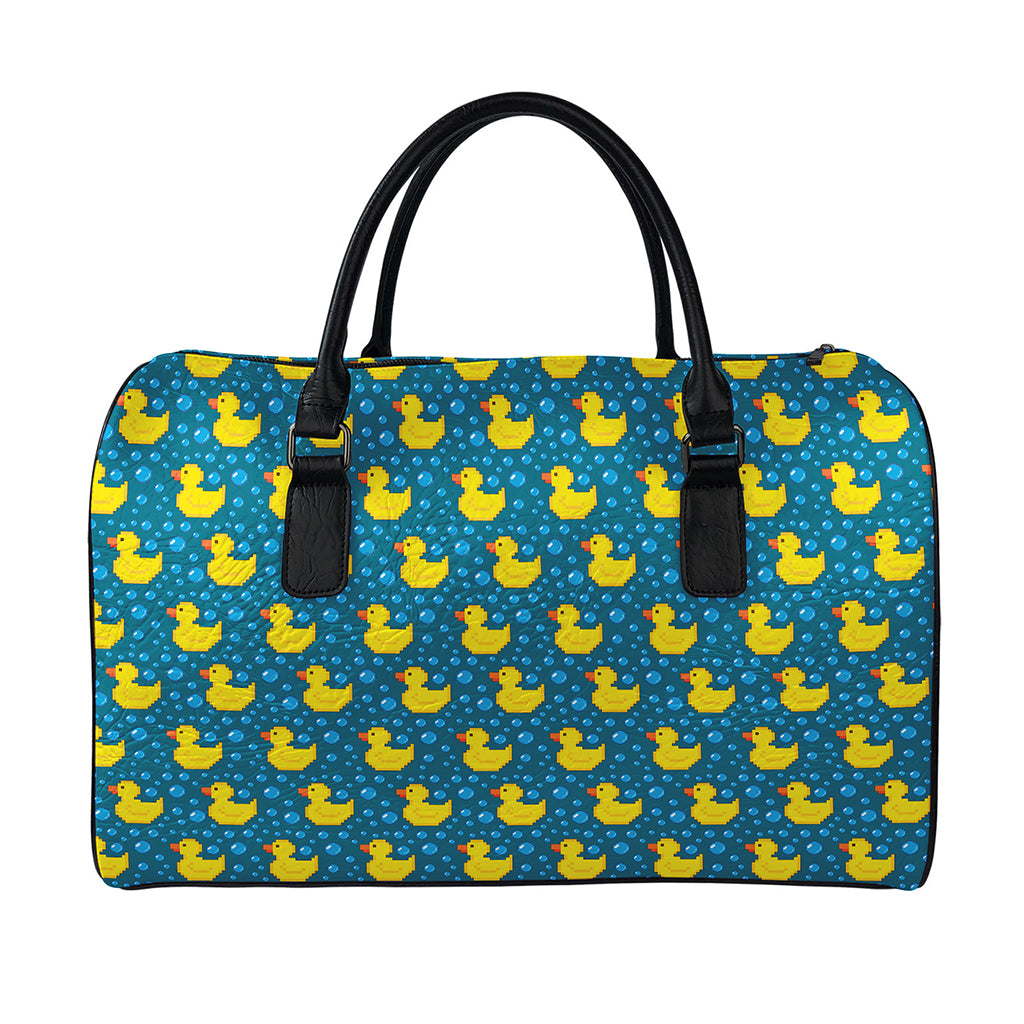Pixel Rubber Duck Pattern Print Leather Duffle Bag