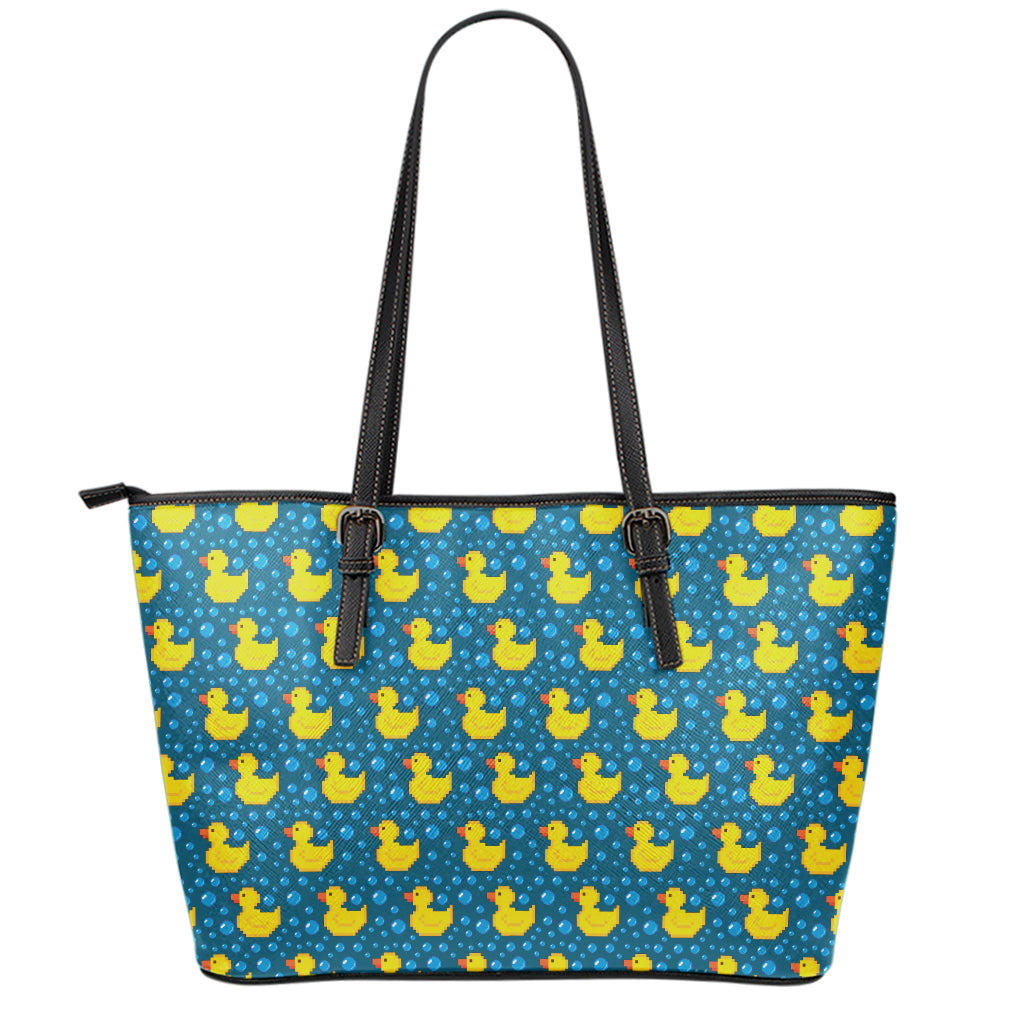 Pixel Rubber Duck Pattern Print Leather Tote Bag