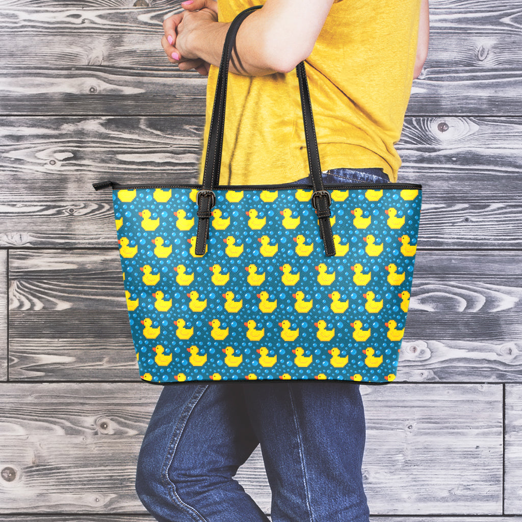 Pixel Rubber Duck Pattern Print Leather Tote Bag