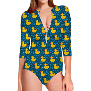 Pixel Rubber Duck Pattern Print Long Sleeve Swimsuit