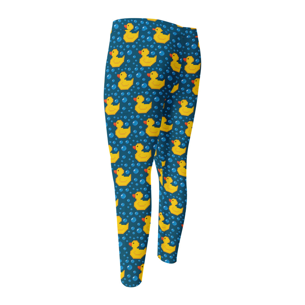 Pixel Rubber Duck Pattern Print Men's Compression Pants