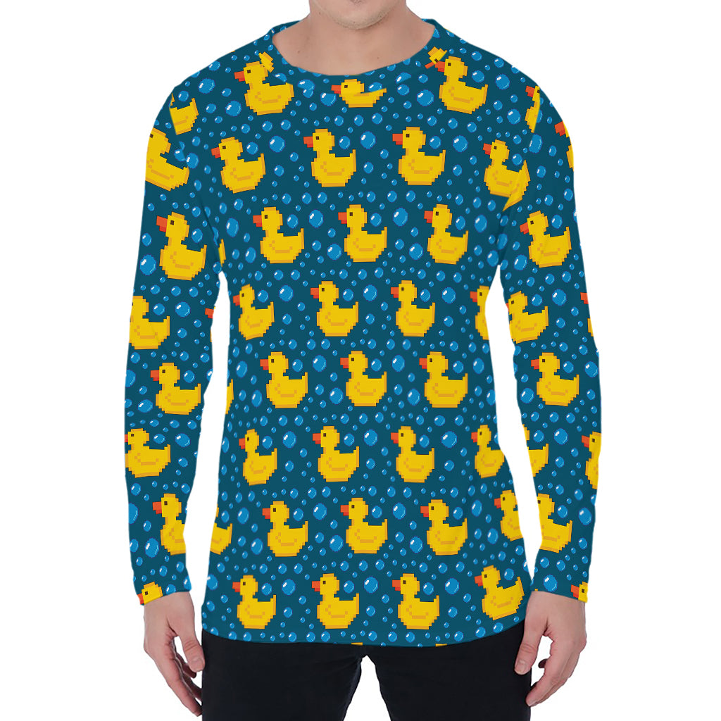 Pixel Rubber Duck Pattern Print Men's Long Sleeve T-Shirt