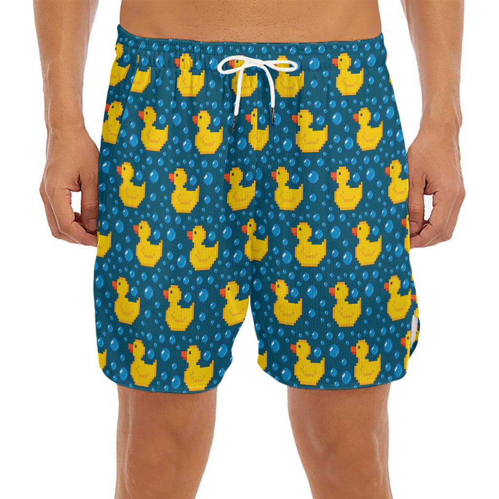 Pixel Rubber Duck Pattern Print Men's Split Running Shorts