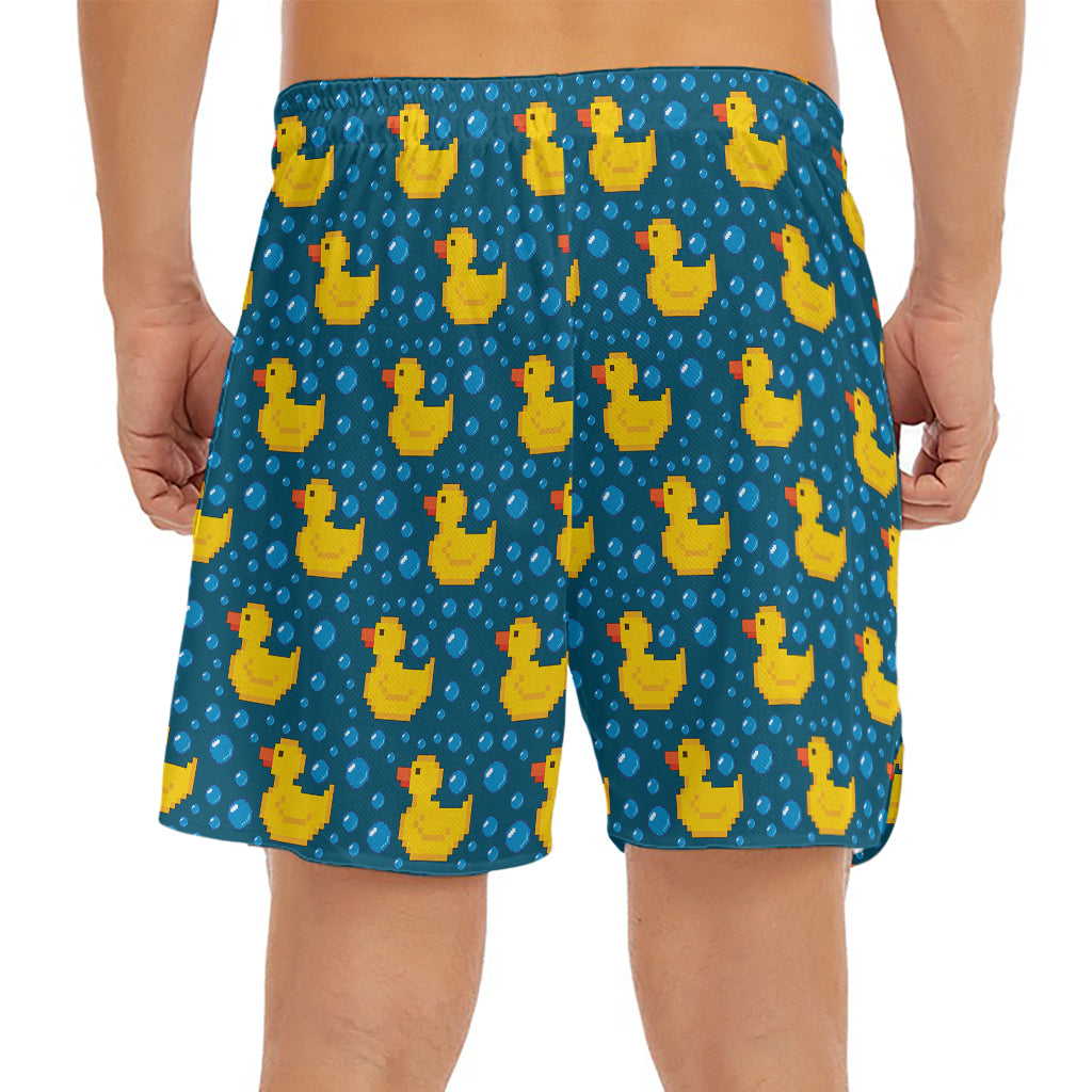 Pixel Rubber Duck Pattern Print Men's Split Running Shorts