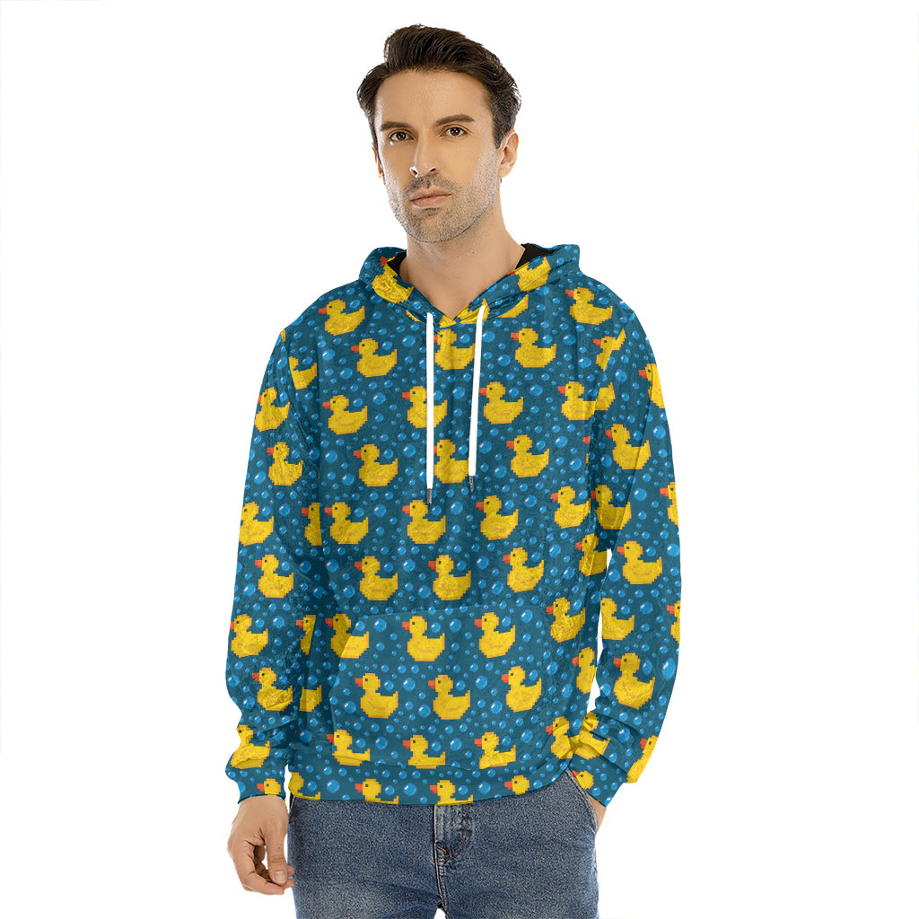 Pixel Rubber Duck Pattern Print Men's Velvet Pullover Hoodie