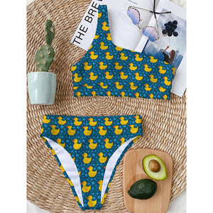 Pixel Rubber Duck Pattern Print One Shoulder Bikini Top