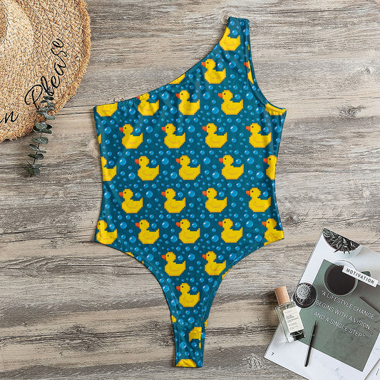 Pixel Rubber Duck Pattern Print One Shoulder Bodysuit
