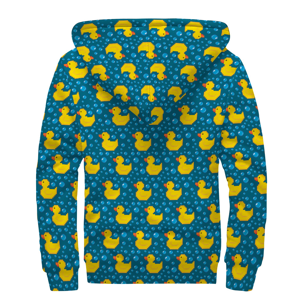 Pixel Rubber Duck Pattern Print Sherpa Lined Zip Up Hoodie