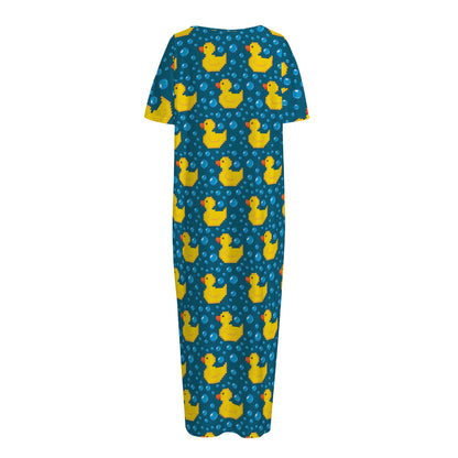 Pixel Rubber Duck Pattern Print Short Sleeve Long Nightdress