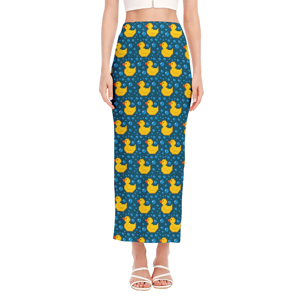 Pixel Rubber Duck Pattern Print Side Slit Maxi Skirt