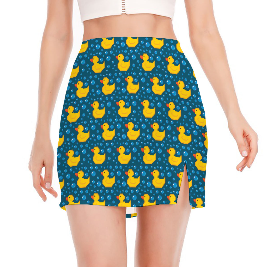 Pixel Rubber Duck Pattern Print Side Slit Mini Skirt