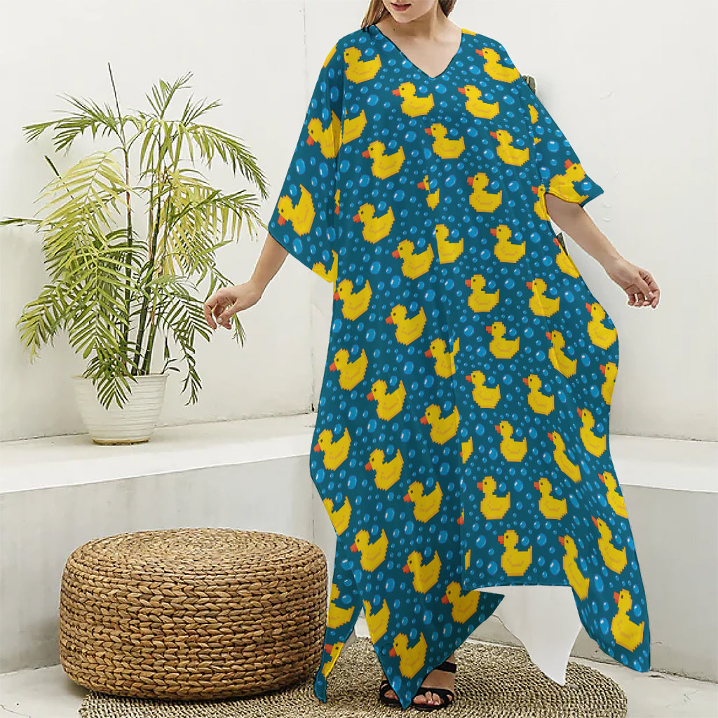 Pixel Rubber Duck Pattern Print Silk V-Neck Kaftan Dress