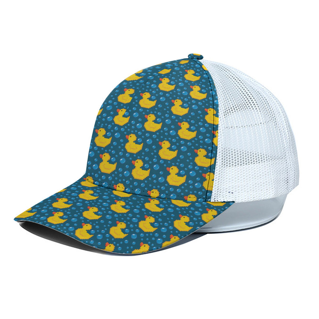 Pixel Rubber Duck Pattern Print White Mesh Trucker Cap