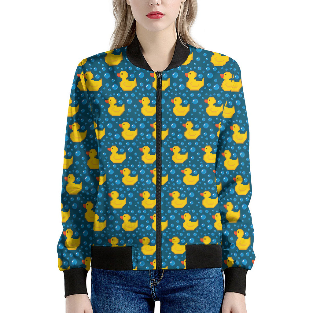 Pixel Rubber Duck Pattern Print Women's Bomber Jacket