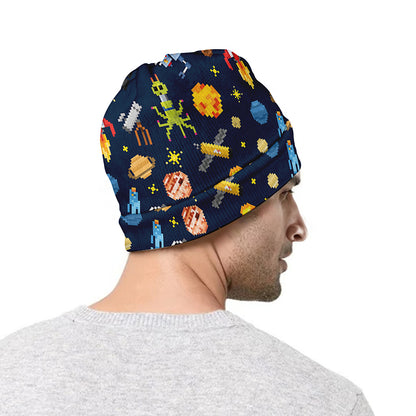 Pixel Space Pattern Print Beanie