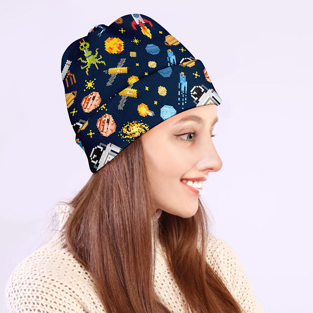 Pixel Space Pattern Print Beanie