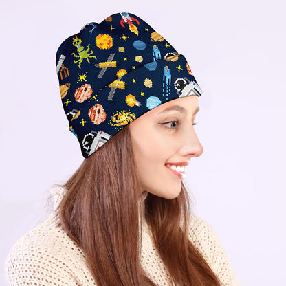 Pixel Space Pattern Print Beanie
