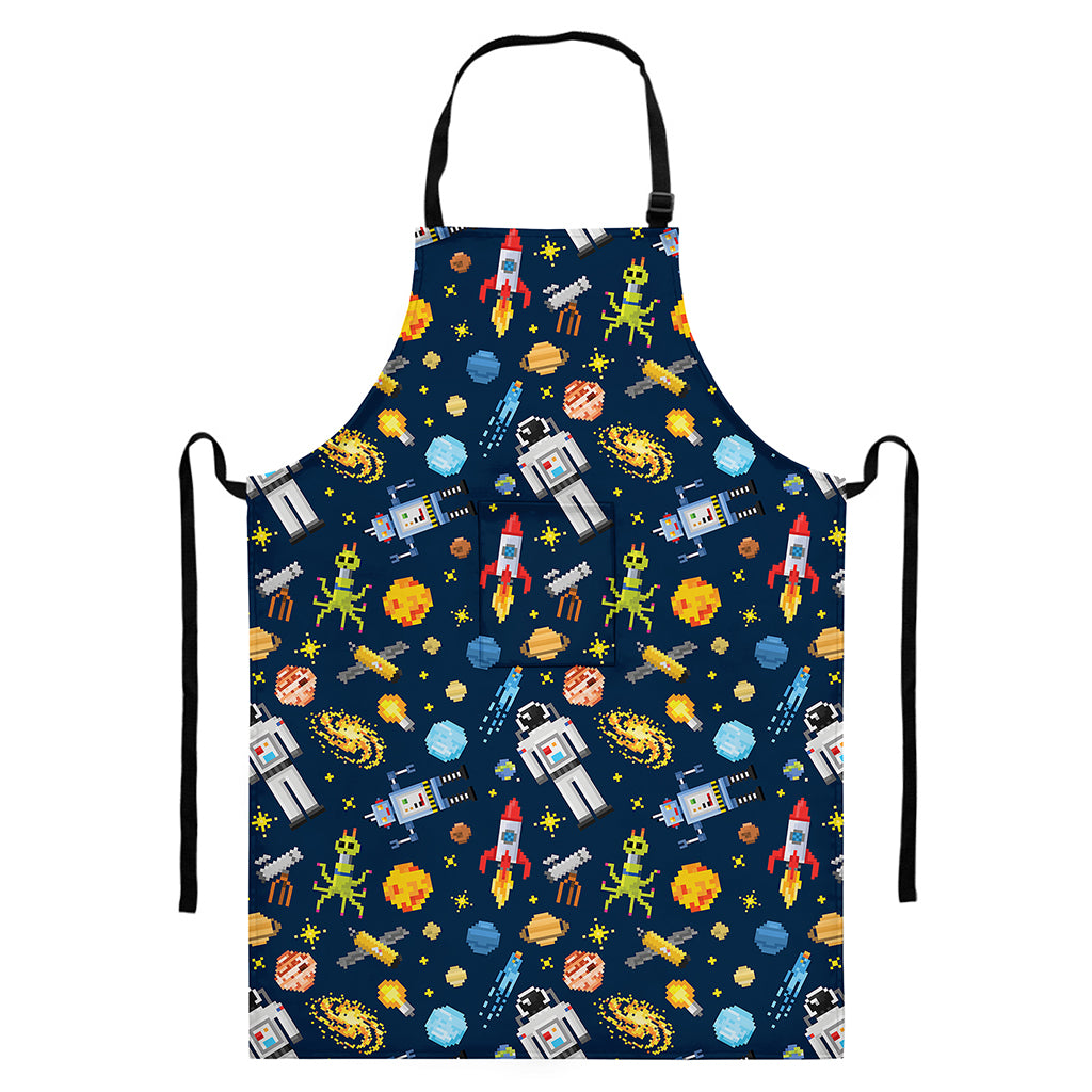 Pixel Space Pattern Print Bib Apron With Pocket