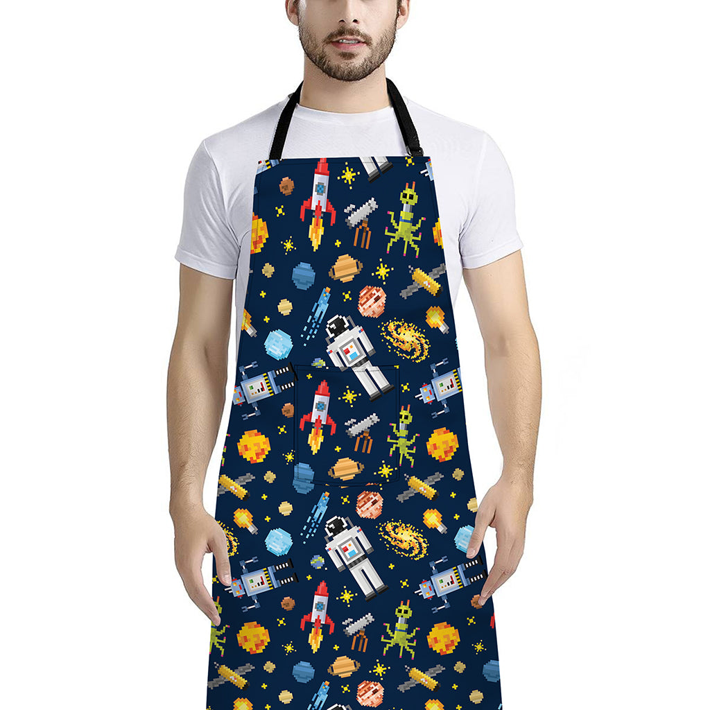 Pixel Space Pattern Print Bib Apron With Pocket