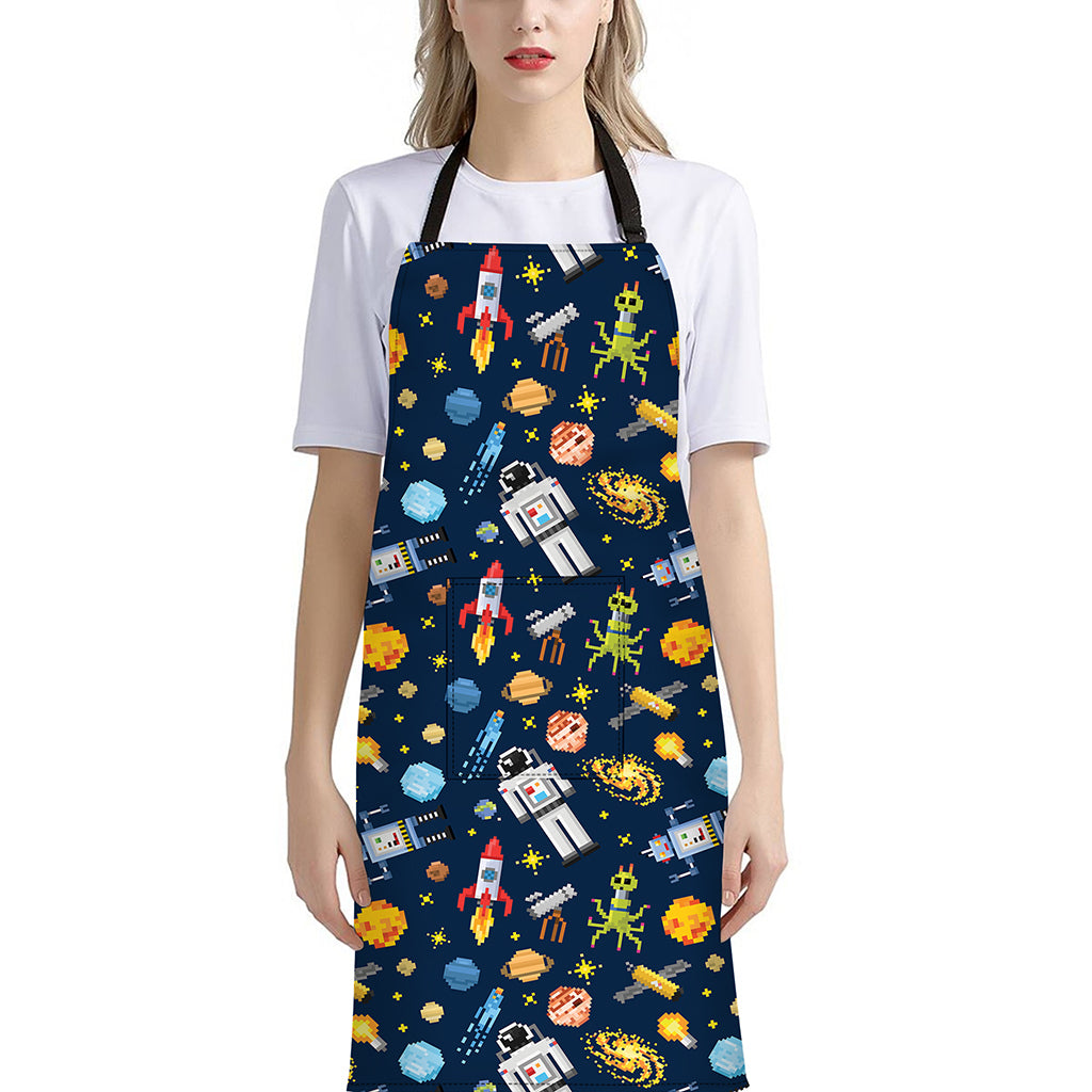 Pixel Space Pattern Print Bib Apron With Pocket