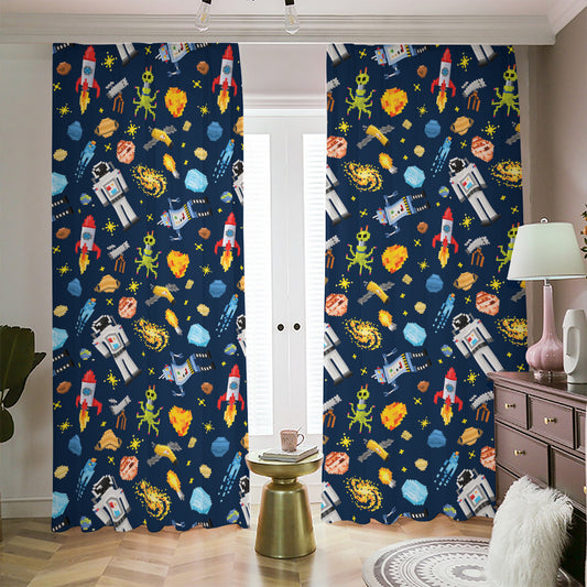 Pixel Space Pattern Print Blackout Pencil Pleat Curtains
