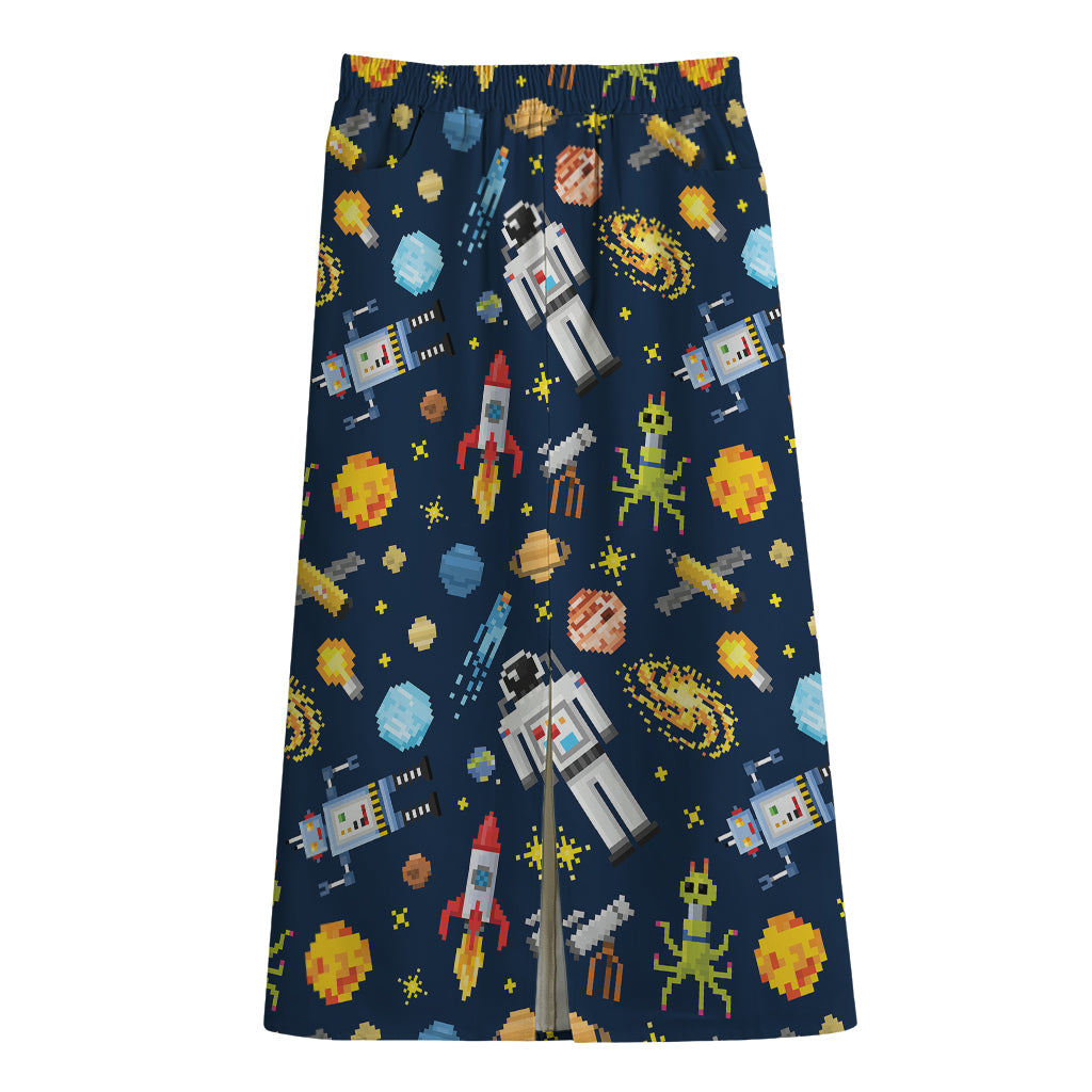 Pixel Space Pattern Print Cotton Front Slit Maxi Skirt