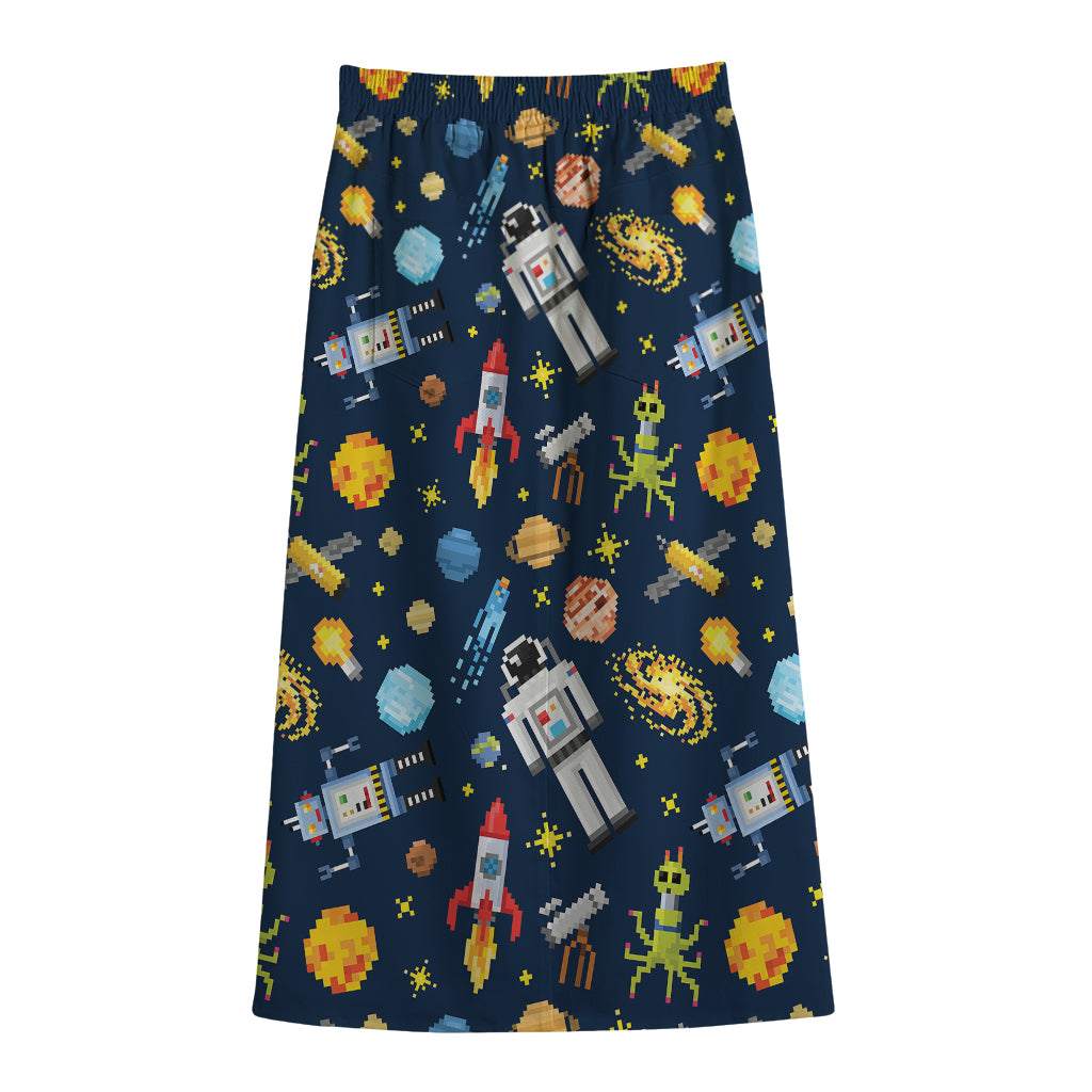 Pixel Space Pattern Print Cotton Front Slit Maxi Skirt