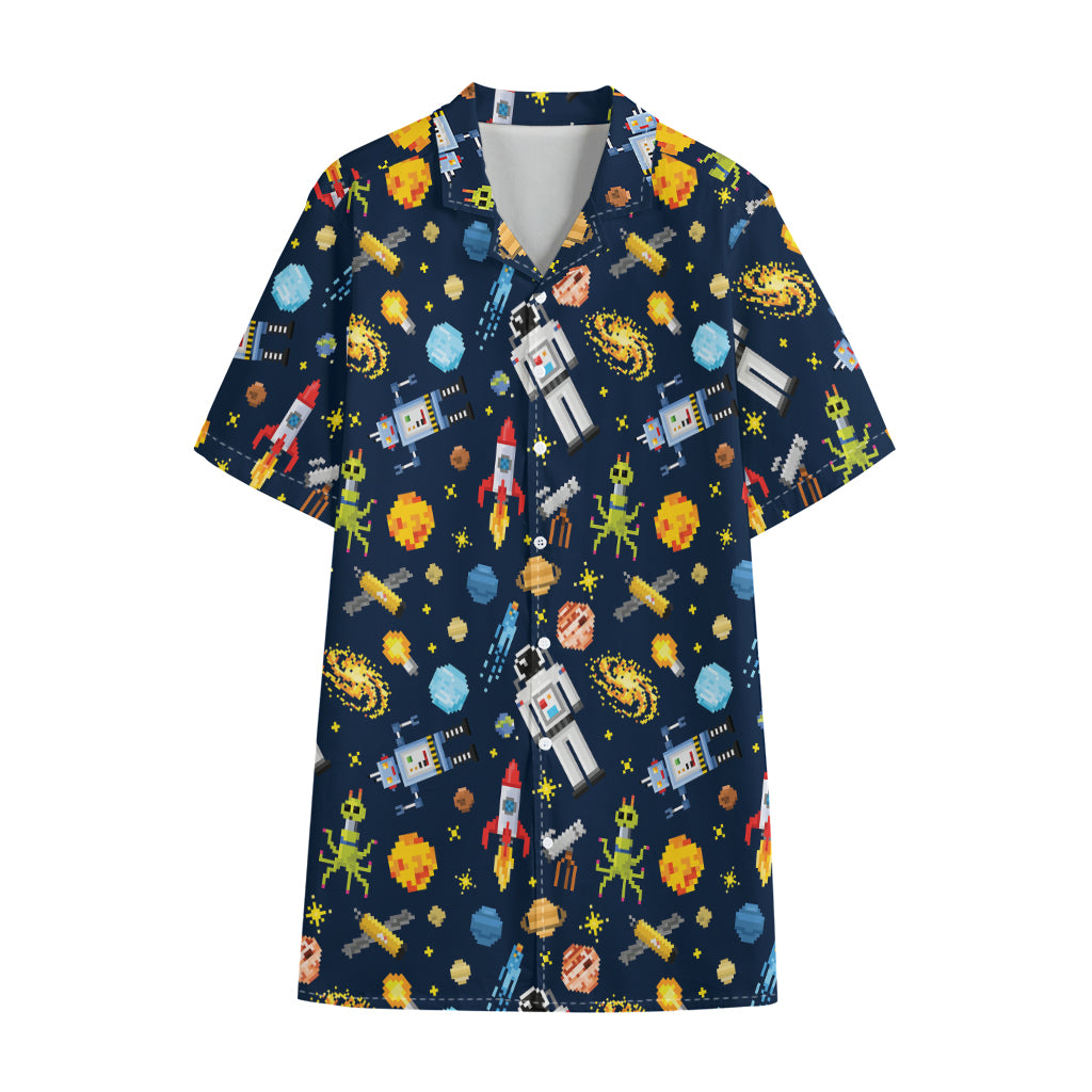 Pixel Space Pattern Print Cotton Hawaiian Shirt