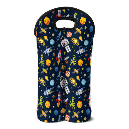 Pixel Space Pattern Print Double Neoprene Wine Tote