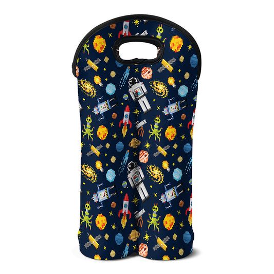 Pixel Space Pattern Print Double Neoprene Wine Tote