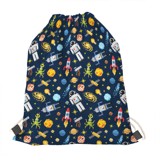 Pixel Space Pattern Print Drawstring Bag