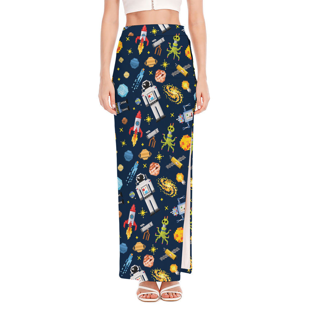 Pixel Space Pattern Print High Slit Maxi Skirt