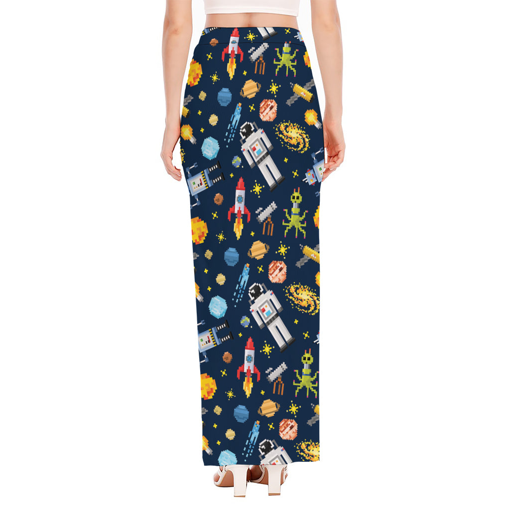Pixel Space Pattern Print High Slit Maxi Skirt