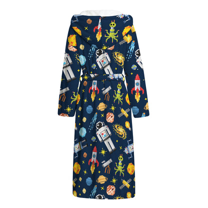 Pixel Space Pattern Print Hooded Bathrobe