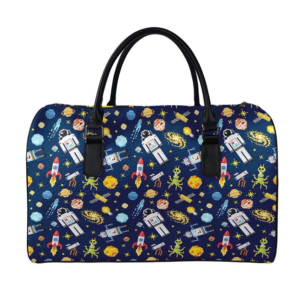 Pixel Space Pattern Print Leather Duffle Bag