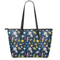 Pixel Space Pattern Print Leather Tote Bag With Zipper