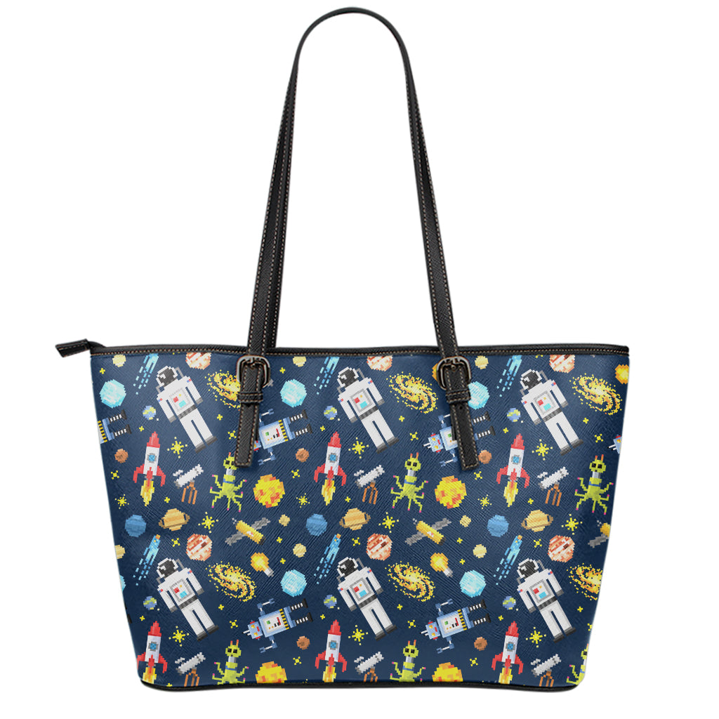 Pixel Space Pattern Print Leather Tote Bag