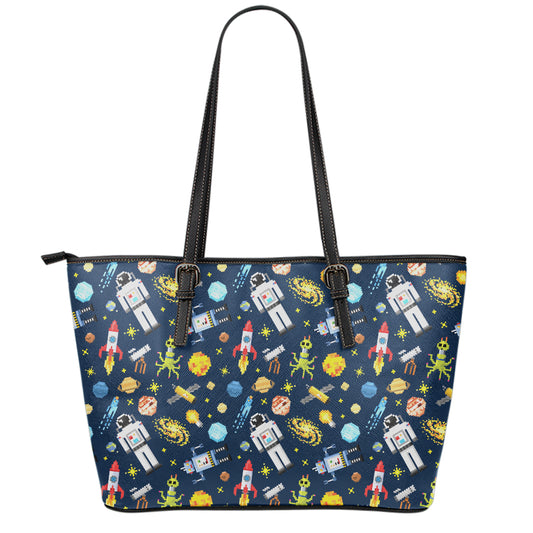Pixel Space Pattern Print Leather Tote Bag