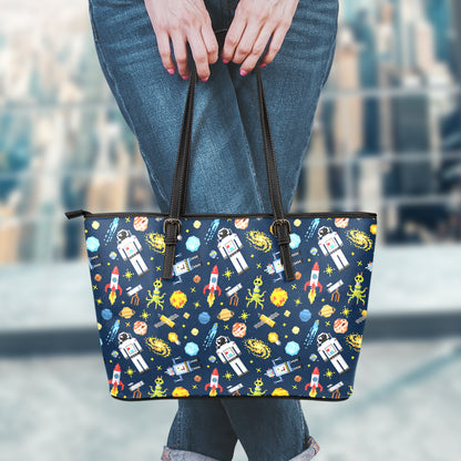 Pixel Space Pattern Print Leather Tote Bag