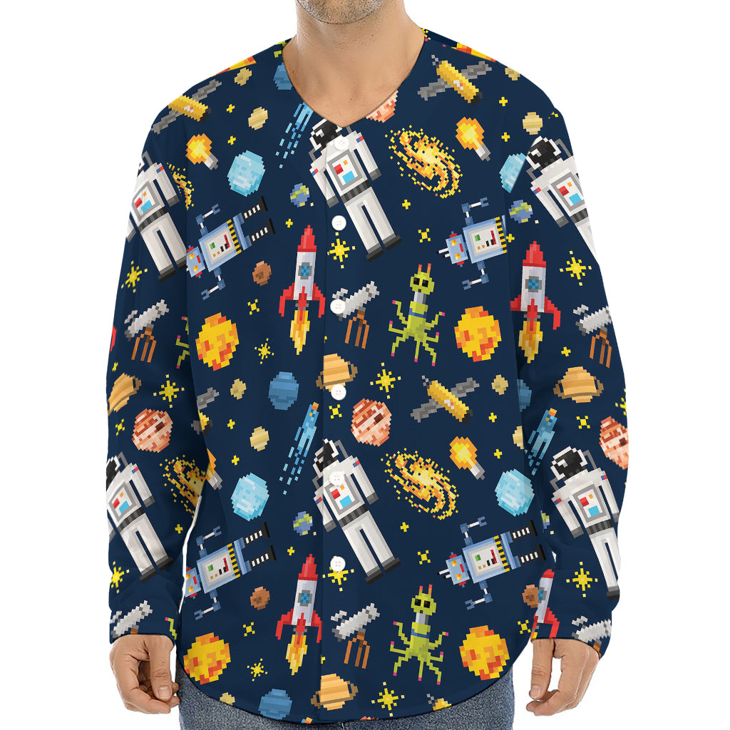 Pixel Space Pattern Print Long Sleeve Baseball Jersey