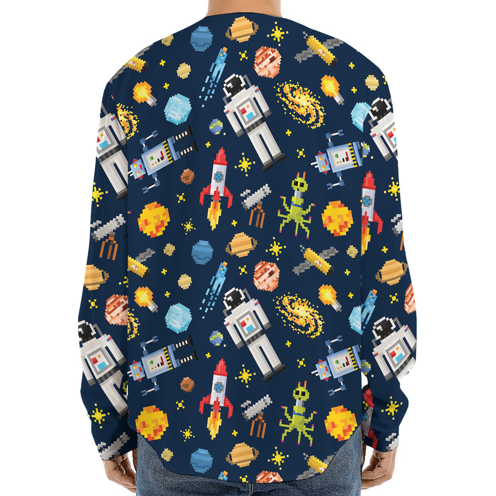 Pixel Space Pattern Print Long Sleeve Baseball Jersey