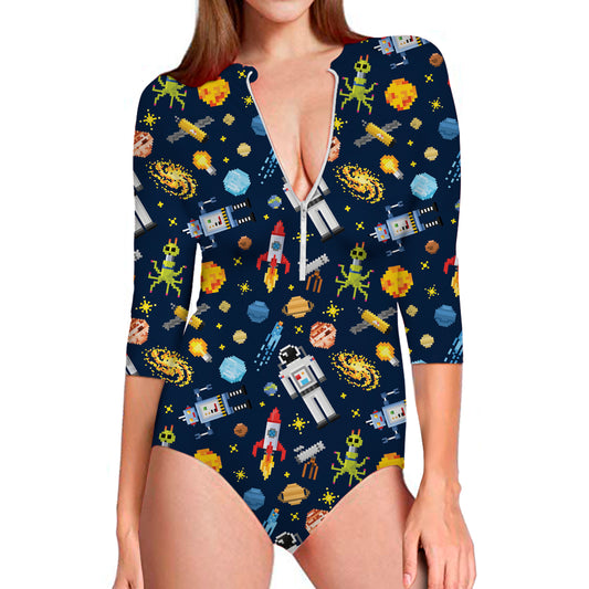 Pixel Space Pattern Print Long Sleeve Swimsuit