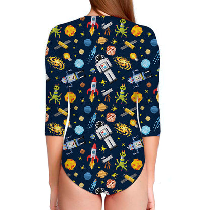 Pixel Space Pattern Print Long Sleeve Swimsuit