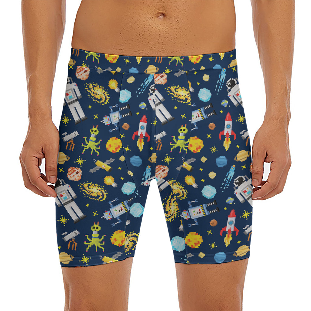 Pixel Space Pattern Print Men's Long Boxer Briefs