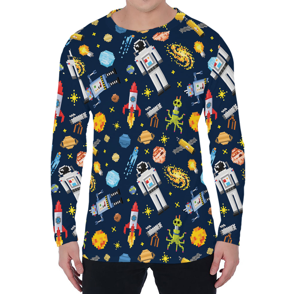 Pixel Space Pattern Print Men's Long Sleeve T-Shirt