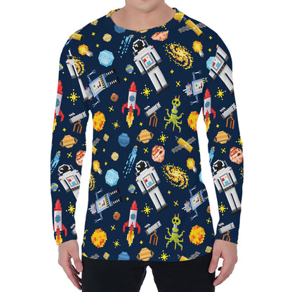Pixel Space Pattern Print Men's Long Sleeve T-Shirt