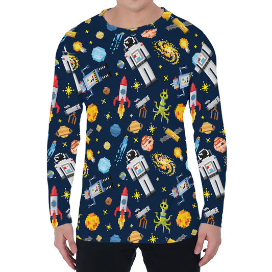 Pixel Space Pattern Print Men's Long Sleeve T-Shirt